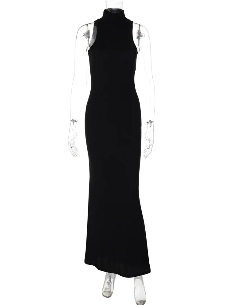 Black Turtleneck Slim Maxi Dress For Women High Waist Solid Slim Summer Patchwork Elegant Party Dress Women’s Long Dress