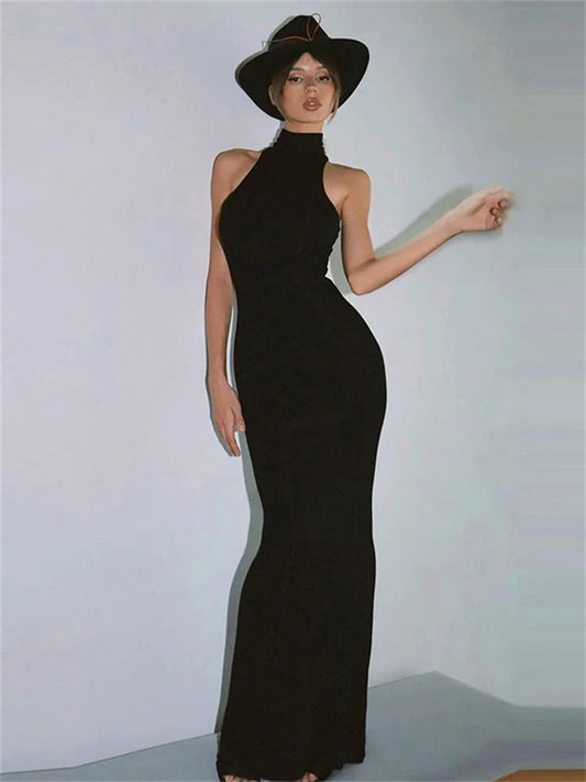 Black Turtleneck Slim Maxi Dress For Women High Waist Solid Slim Summer Patchwork Elegant Party Dress Women’s Long Dress