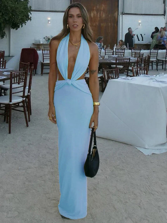 FashionSierra Backless Halter Bodycon Women Summer Sleeveless Sexy Deep V Hollow Out Evening Club Long Casual Dress