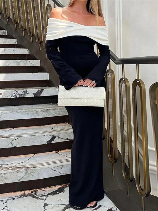 Elegant Contrast Slim Maxi Dress Female Off-Shoulder Fashion Twist Long Sleeve Patchwork Dress Ladies Party Dress Clothes