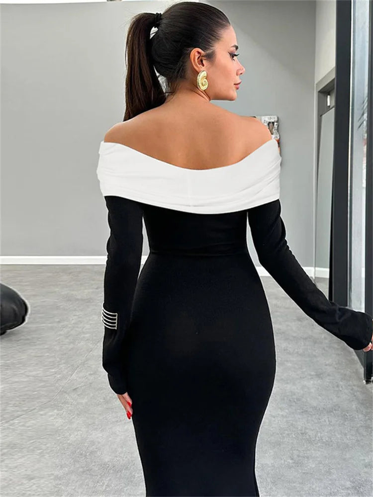 Elegant Contrast Slim Maxi Dress Female Off-Shoulder Fashion Twist Long Sleeve Patchwork Dress Ladies Party Dress Clothes