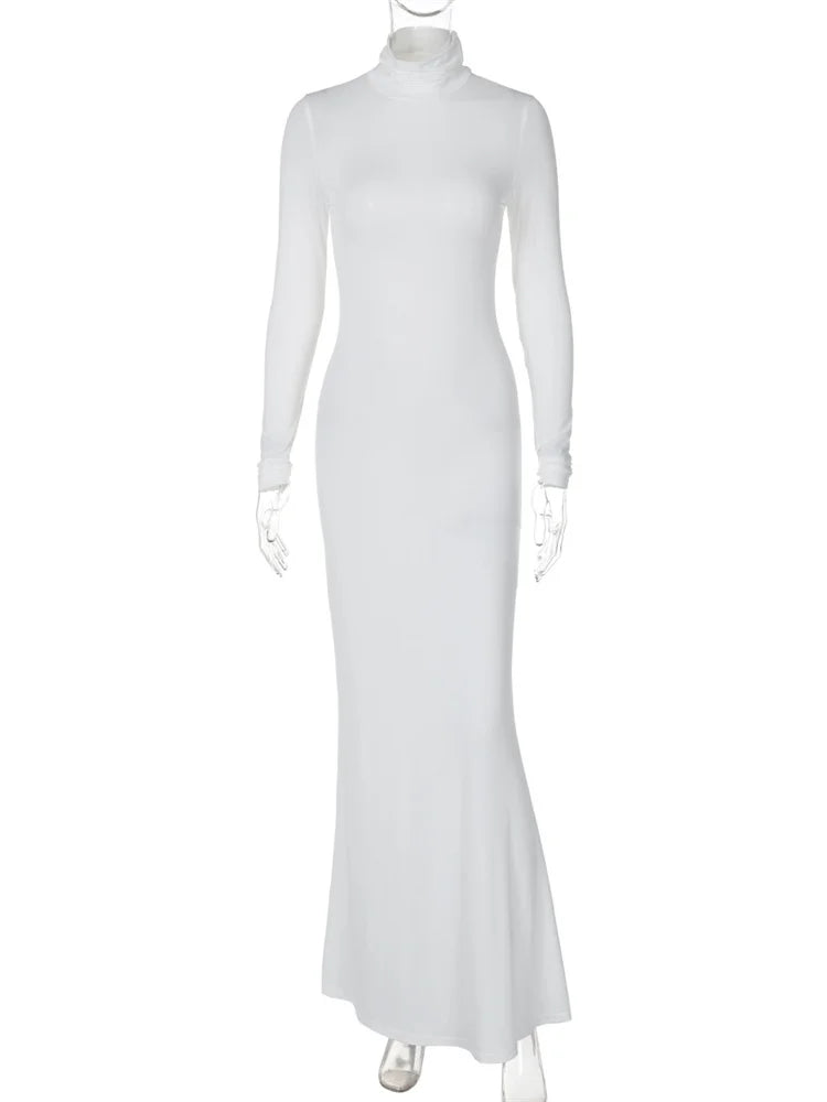 Elegant Fashion Turtleneck Long Dress Female High Waist Long Sleeve Slim Autumn  New Solid Dress Women’s Party Dress