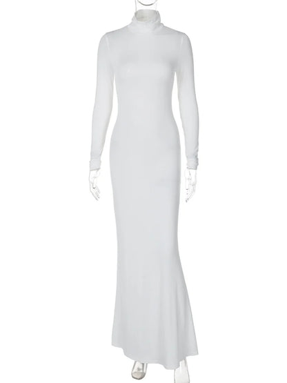 Elegant Fashion Turtleneck Long Dress Female High Waist Long Sleeve Slim Autumn  New Solid Dress Women’s Party Dress