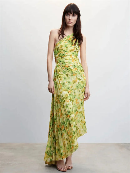 FashionSierra Female Sexy Dress Gown Pleated One-Shoulder Sleeveless Summer Party Fashion Solid Maxi Casual Dress