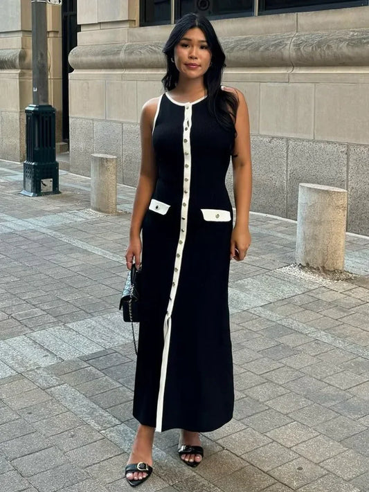 Elegant Knit Ribbed Long Dress For Women Slim Fashion Sleeveless Patchwork High Waist Pocket Dress Women’s Maxi Dress