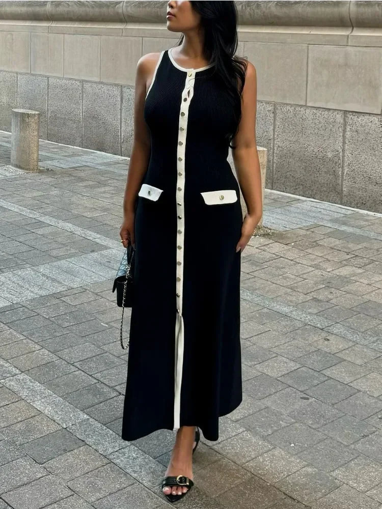 Elegant Knit Ribbed Long Dress For Women Slim Fashion Sleeveless Patchwork High Waist Pocket Dress Women’s Maxi Dress