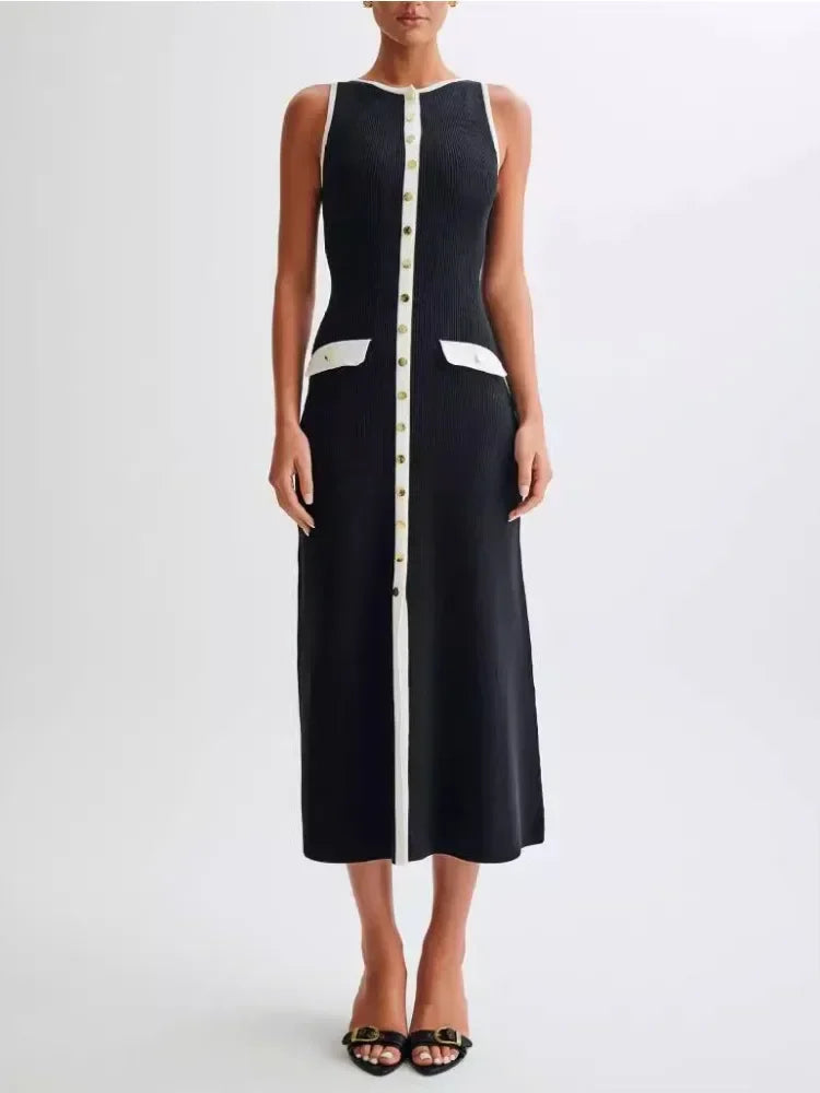 Elegant Knit Ribbed Long Dress For Women Slim Fashion Sleeveless Patchwork High Waist Pocket Dress Women’s Maxi Dress