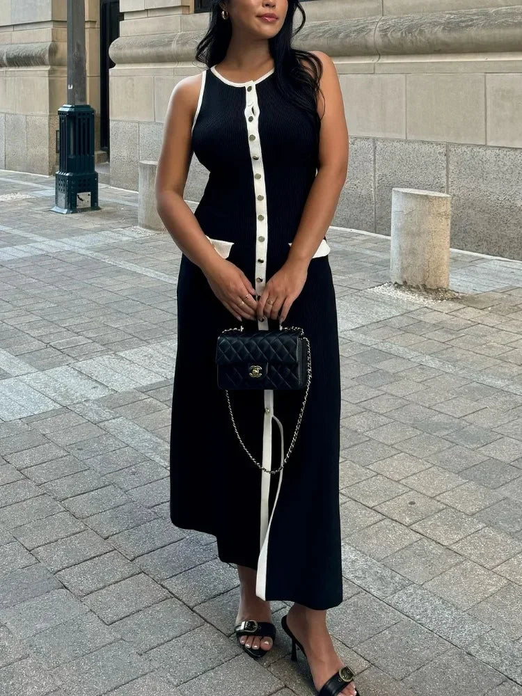 Elegant Knit Ribbed Long Dress For Women Slim Fashion Sleeveless Patchwork High Waist Pocket Dress Women’s Maxi Dress