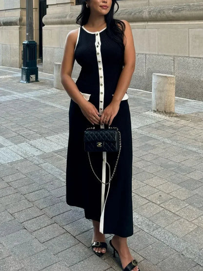 Elegant Knit Ribbed Long Dress For Women Slim Fashion Sleeveless Patchwork High Waist Pocket Dress Women’s Maxi Dress