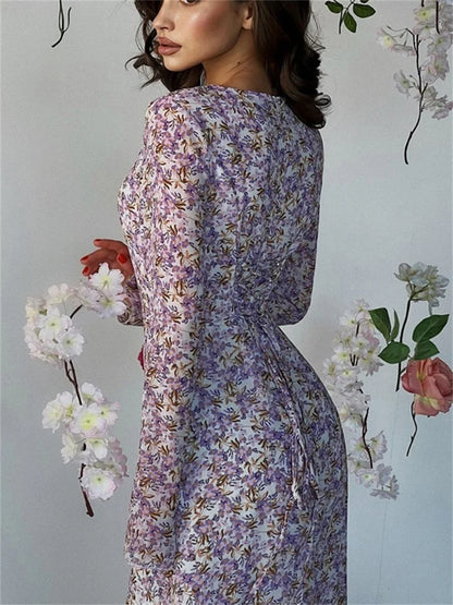 Elegant Printed Fashion Maxi Dress For Women Lace-Up Long Sleeve Party Dress High Waist Bandage Women’s Bodycon Dress New