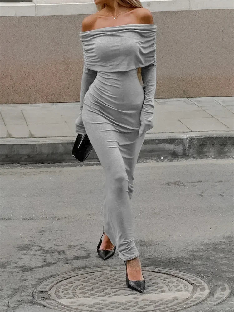 Fashion Autumn Knit Long Dress Women’s Off-Shoulder Patchwork Ribbed High Waist Slim Ladies Dress Knitwear Elegant Dress