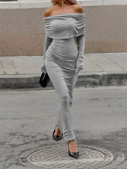 Fashion Autumn Knit Long Dress Women’s Off-Shoulder Patchwork Ribbed High Waist Slim Ladies Dress Knitwear Elegant Dress