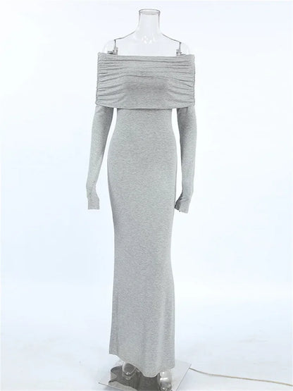 Fashion Autumn Knit Long Dress Women’s Off-Shoulder Patchwork Ribbed High Waist Slim Ladies Dress Knitwear Elegant Dress