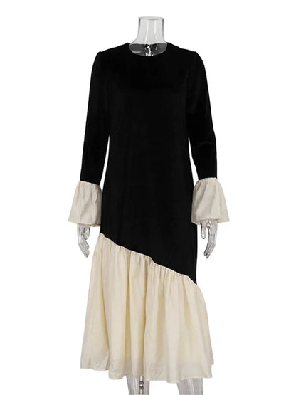 Fashion Autumn Patchwork Long Dress Women’s High Waist Elegant Commute Contrast Loose Dress Female  Party Maxi Dress