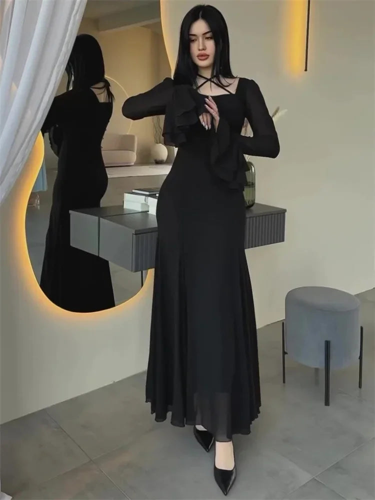 Fashion Autumn Ruffled Long Dress Women Bandage Slim High Waist Elegant Patchwork Party Dress Women’s Chiffon Maxi Dress