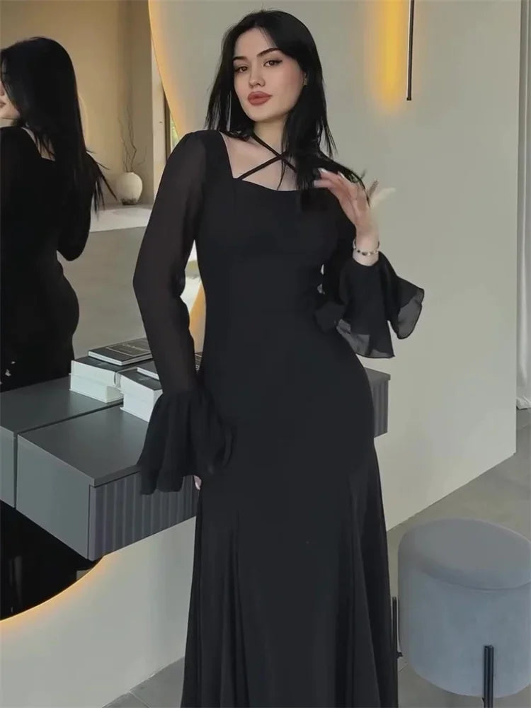 Fashion Autumn Ruffled Long Dress Women Bandage Slim High Waist Elegant Patchwork Party Dress Women’s Chiffon Maxi Dress
