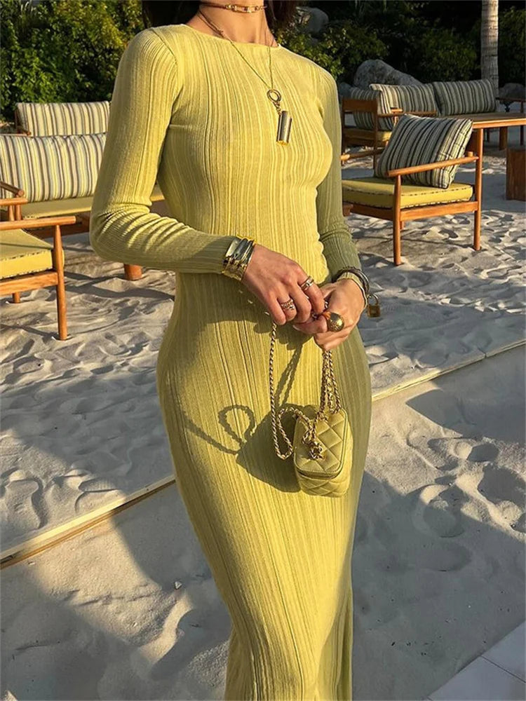 Fashion Autumn Slim Maxi Dress For Women High Waist Patchwork Ribbed Elegant Party Dress Ladies Solid Long Dress Clothes