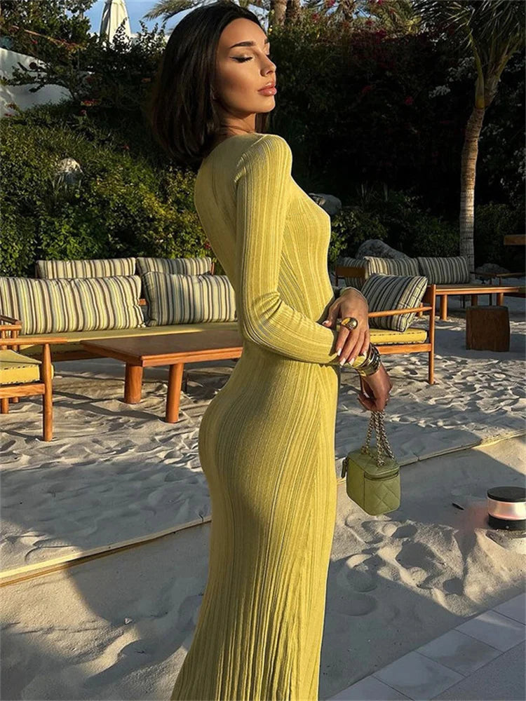 Fashion Autumn Slim Maxi Dress For Women High Waist Patchwork Ribbed Elegant Party Dress Ladies Solid Long Dress Clothes