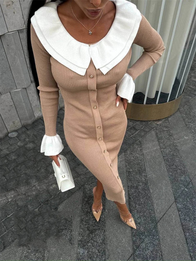 Fashion Knit Patchwork Long Dress Women’s Ruffled Slim Elegant Contrast Ribbed Party Dress Knitwear Autumn Maxi Dress New