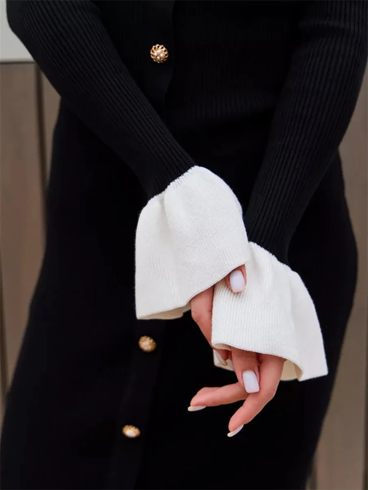 Fashion Knit Patchwork Long Dress Women’s Ruffled Slim Elegant Contrast Ribbed Party Dress Knitwear Autumn Maxi Dress New