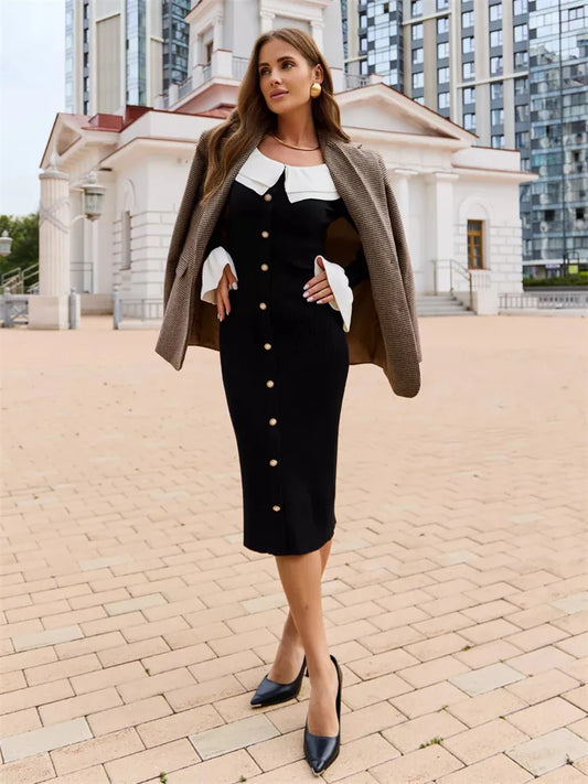 Fashion Knit Patchwork Long Dress Women’s Ruffled Slim Elegant Contrast Ribbed Party Dress Knitwear Autumn Maxi Dress New