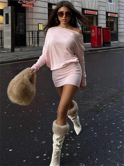 Fashion Off-Shoulder Patchwork Mini Dress Women Slim Long Sleeve High Waist Autumn  Solid Dress Female Backless Dress