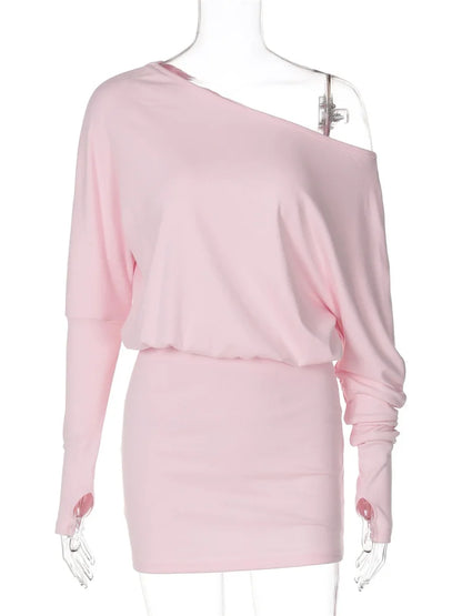 Fashion Off-Shoulder Patchwork Mini Dress Women Slim Long Sleeve High Waist Autumn  Solid Dress Female Backless Dress
