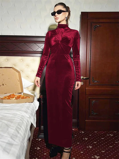 Fashion Pleated Skinny Dress Female High Waist Twist Long Sleeve Elegant Solid Party Dress Gown Women’s Maxi Dress Autumn