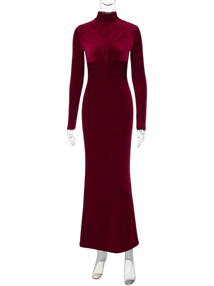 Fashion Pleated Skinny Dress Female High Waist Twist Long Sleeve Elegant Solid Party Dress Gown Women’s Maxi Dress Autumn