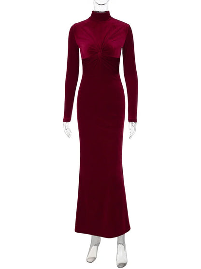 Fashion Pleated Skinny Dress Female High Waist Twist Long Sleeve Elegant Solid Party Dress Gown Women’s Maxi Dress Autumn