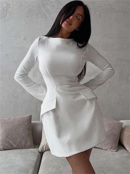 Female Elegant White Dress Sexy Patchwork Long Sleeve Commute Casual Clothes Dress For Women Zipper Autumn Mini Dress New