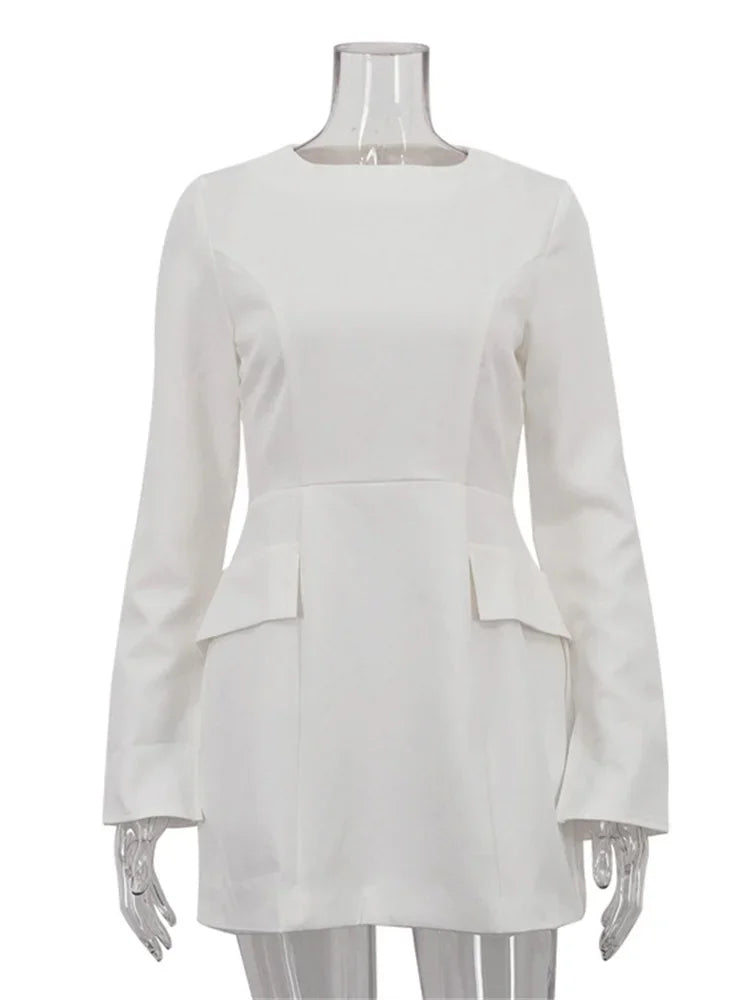 Female Elegant White Dress Sexy Patchwork Long Sleeve Commute Casual Clothes Dress For Women Zipper Autumn Mini Dress New