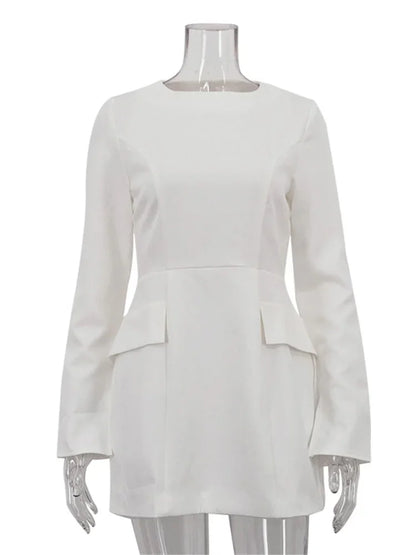 Female Elegant White Dress Sexy Patchwork Long Sleeve Commute Casual Clothes Dress For Women Zipper Autumn Mini Dress New