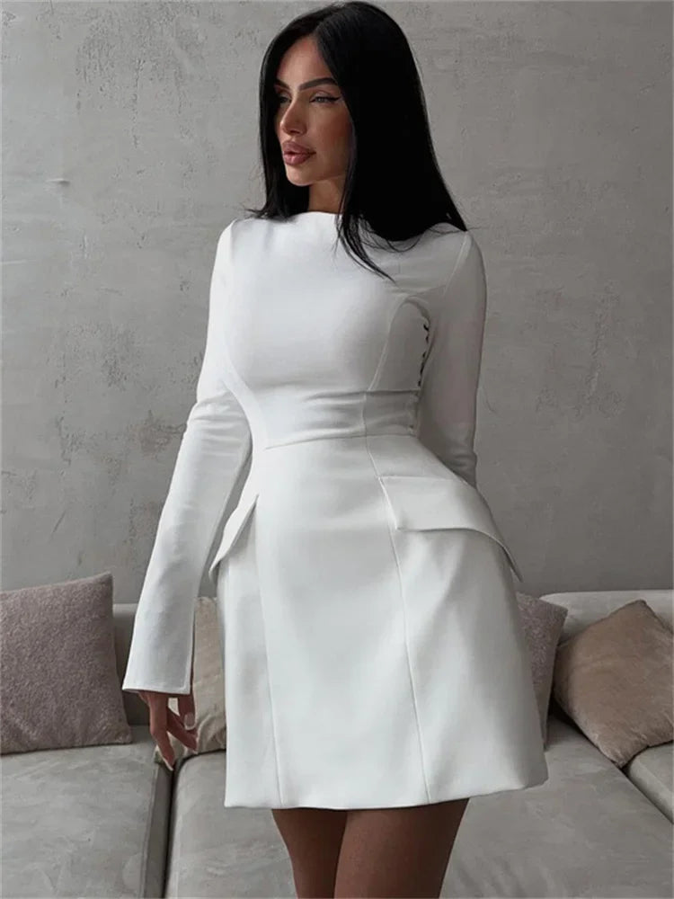 Female Elegant White Dress Sexy Patchwork Long Sleeve Commute Casual Clothes Dress For Women Zipper Autumn Mini Dress New