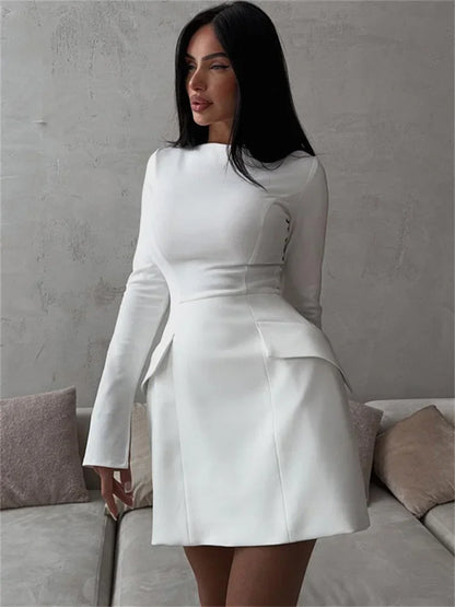 Female Elegant White Dress Sexy Patchwork Long Sleeve Commute Casual Clothes Dress For Women Zipper Autumn Mini Dress New