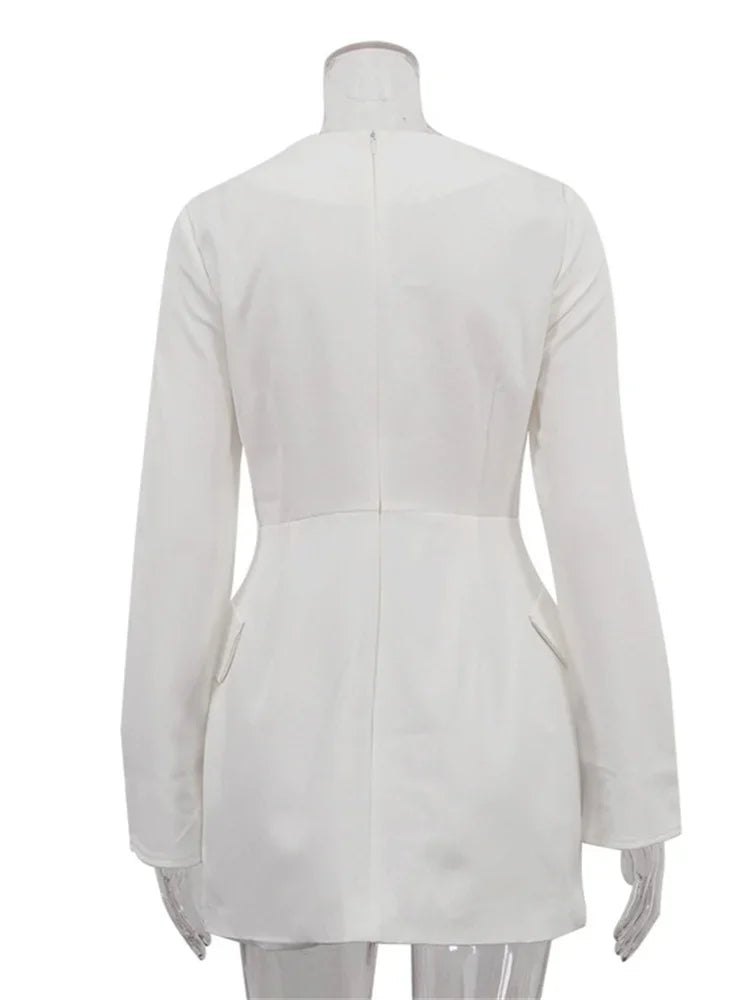 Female Elegant White Dress Sexy Patchwork Long Sleeve Commute Casual Clothes Dress For Women Zipper Autumn Mini Dress New