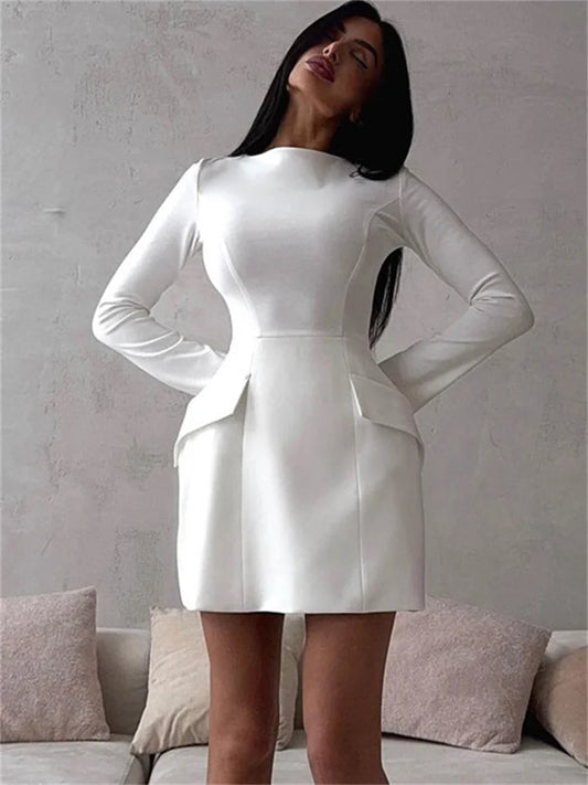 Female Elegant White Dress Sexy Patchwork Long Sleeve Commute Casual Clothes Dress For Women Zipper Autumn Mini Dress New