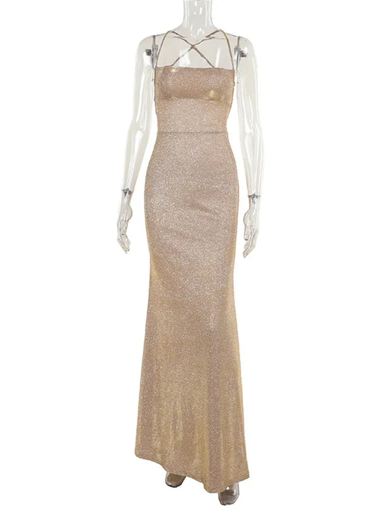 Glitter Backless Fashion Long Dress Women’s Bandage Sexy Autumn  Slim Sparkle Lace-Up Dress Ladies Party Dress Solid