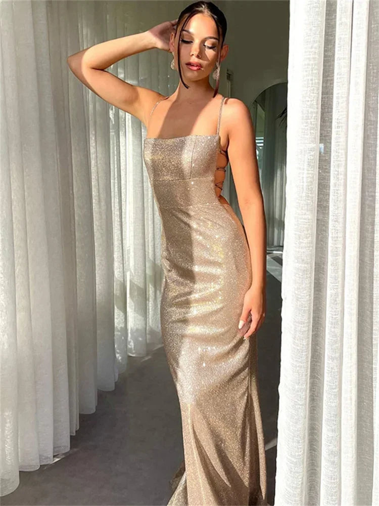 Glitter Backless Fashion Long Dress Women’s Bandage Sexy Autumn  Slim Sparkle Lace-Up Dress Ladies Party Dress Solid