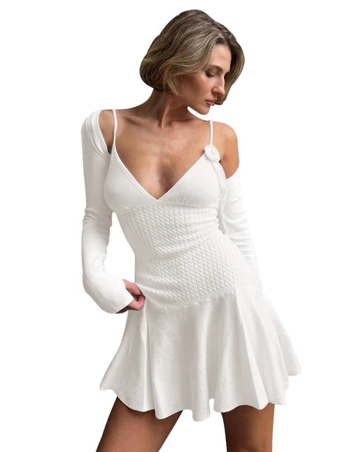 Halter Floral Ribbed Knit Mini Dress For Women Folds Summer Sexy Sleeveless Dress Solid Y2K Female Slim Fit Party Dress