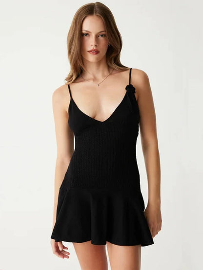 Halter Floral Ribbed Knit Mini Dress For Women Folds Summer Sexy Sleeveless Dress Solid Y2K Female Slim Fit Party Dress