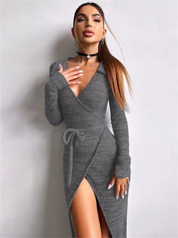 High Waist Lace-Up V-Neck Maxi Dress For Women Patchwork Fashion Drawstring Elegant Bandage Dress Y2k Sexy Long Dress