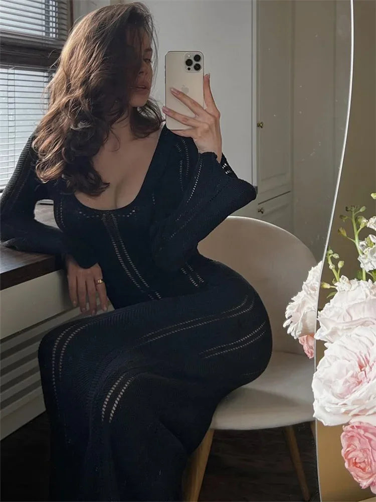 Hollow Out Knitwear Backless Long Dress Women’s Slim High Waist Skinny Autumn  Elegant Party Dress Female Knit Dress