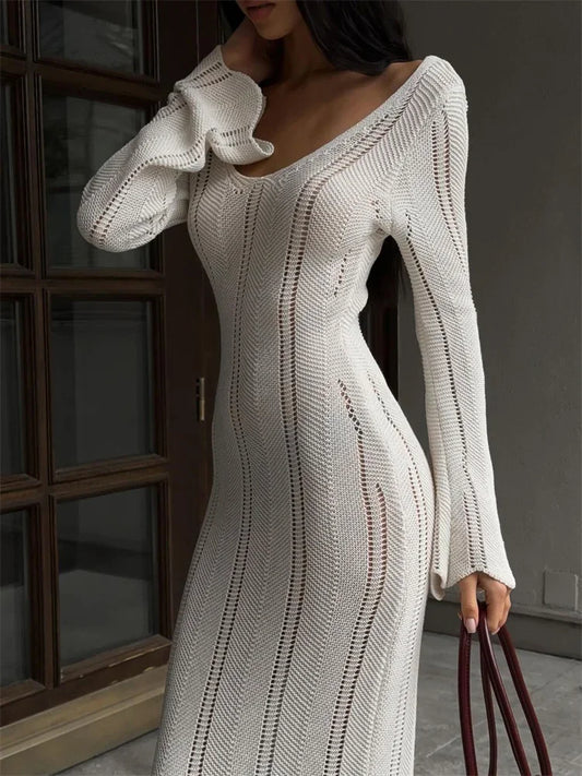 Hollow Out Knitwear Backless Long Dress Women’s Slim High Waist Skinny Autumn  Elegant Party Dress Female Knit Dress