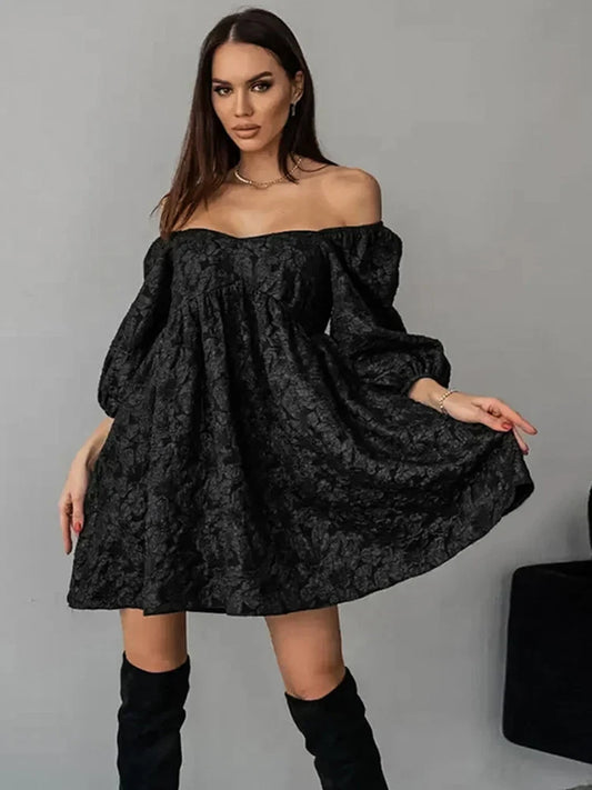 FashionSierra - Jacquard V-neck Dress Women Bubble Sleeve Niche Design Solid Color Ladies Short Casual Dress