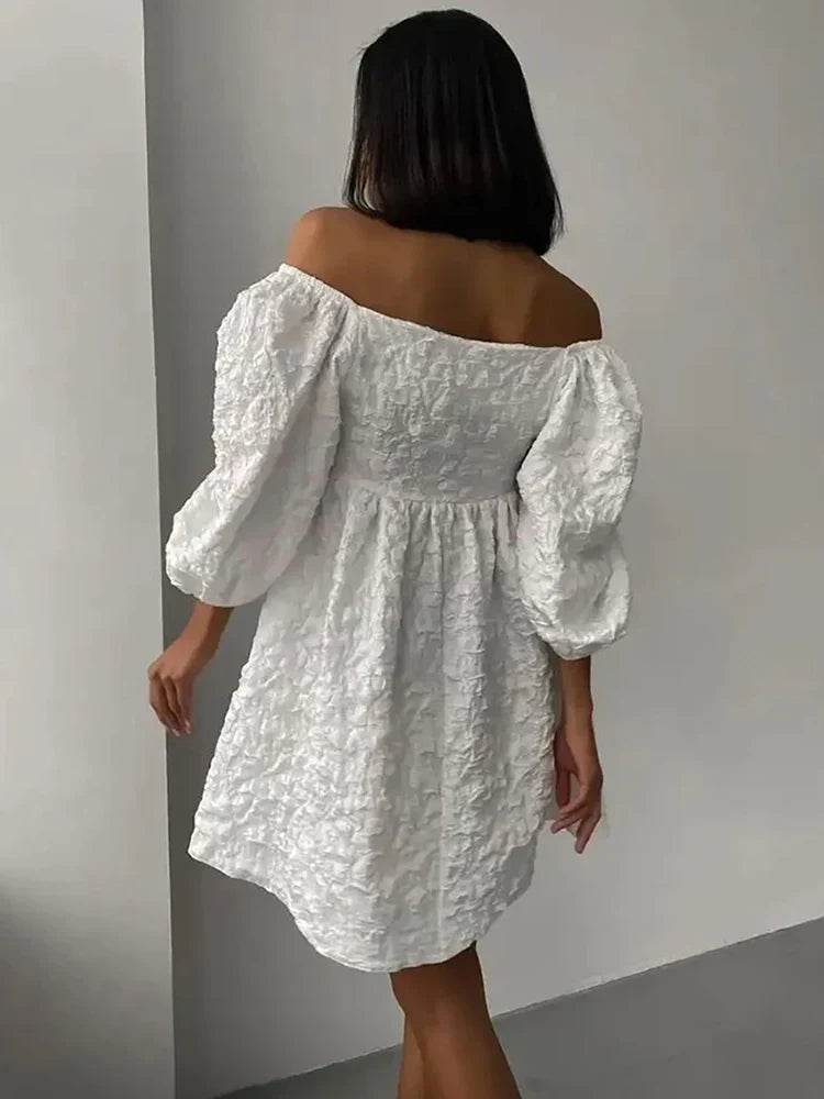 FashionSierra - Jacquard V-neck Dress Women Bubble Sleeve Niche Design Solid Color Ladies Short Casual Dress