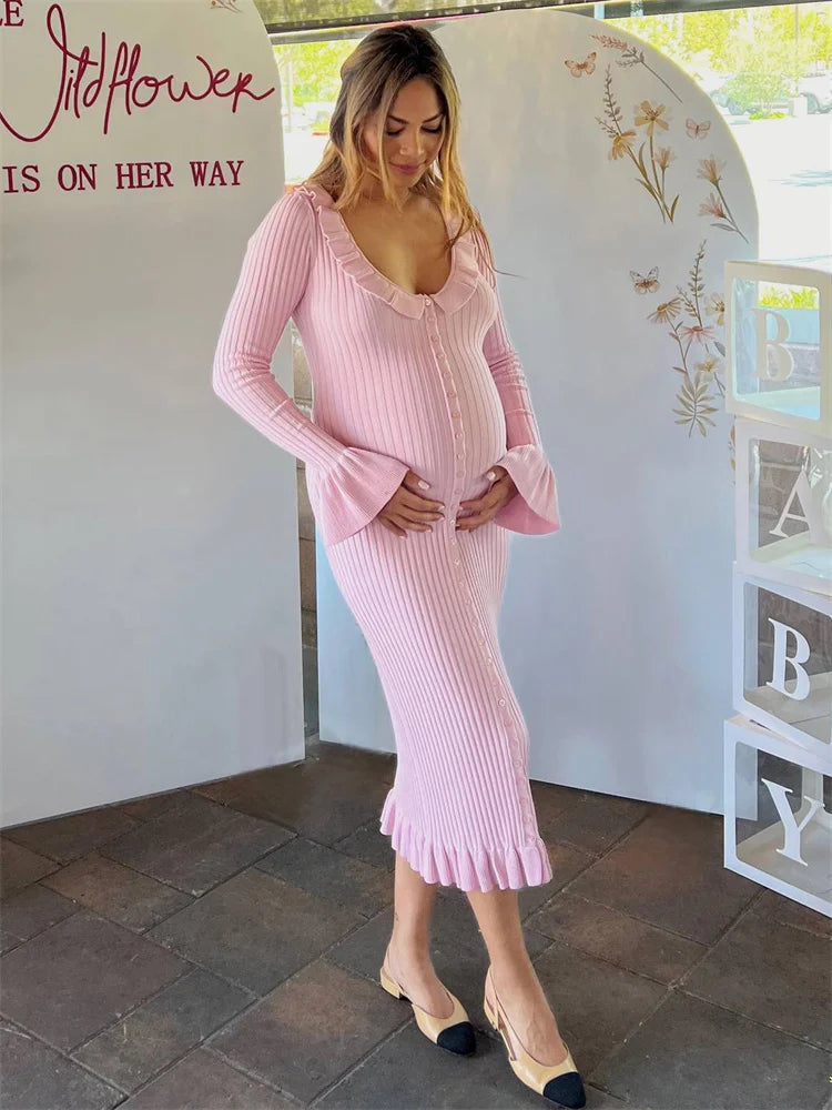 Knit Fashion Ruffled Maxi Dress Women Ribbed Slim Scoop Neck Elegant Knitwear Party Dress Gown Female Long Dress Autumn