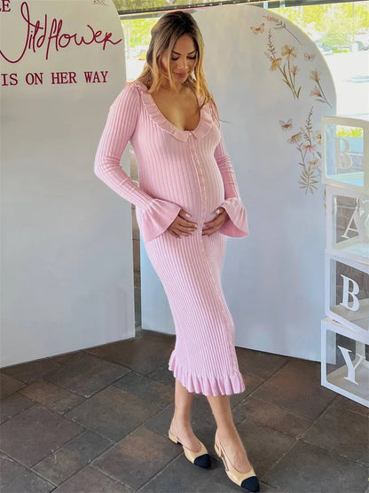 Knit Fashion Ruffled Maxi Dress Women Ribbed Slim Scoop Neck Elegant Knitwear Party Dress Gown Female Long Dress Autumn