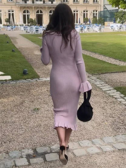Knit Fashion Ruffled Maxi Dress Women Ribbed Slim Scoop Neck Elegant Knitwear Party Dress Gown Female Long Dress Autumn