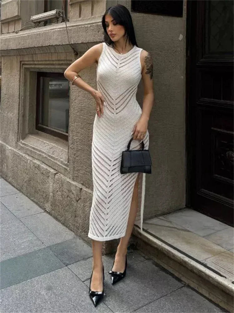 Knit Hollow Out Patchwork Maxi Dress Female High Waist Sleeveless Fashion See-Through Party Dress Women&#8217;s Elegant Dress